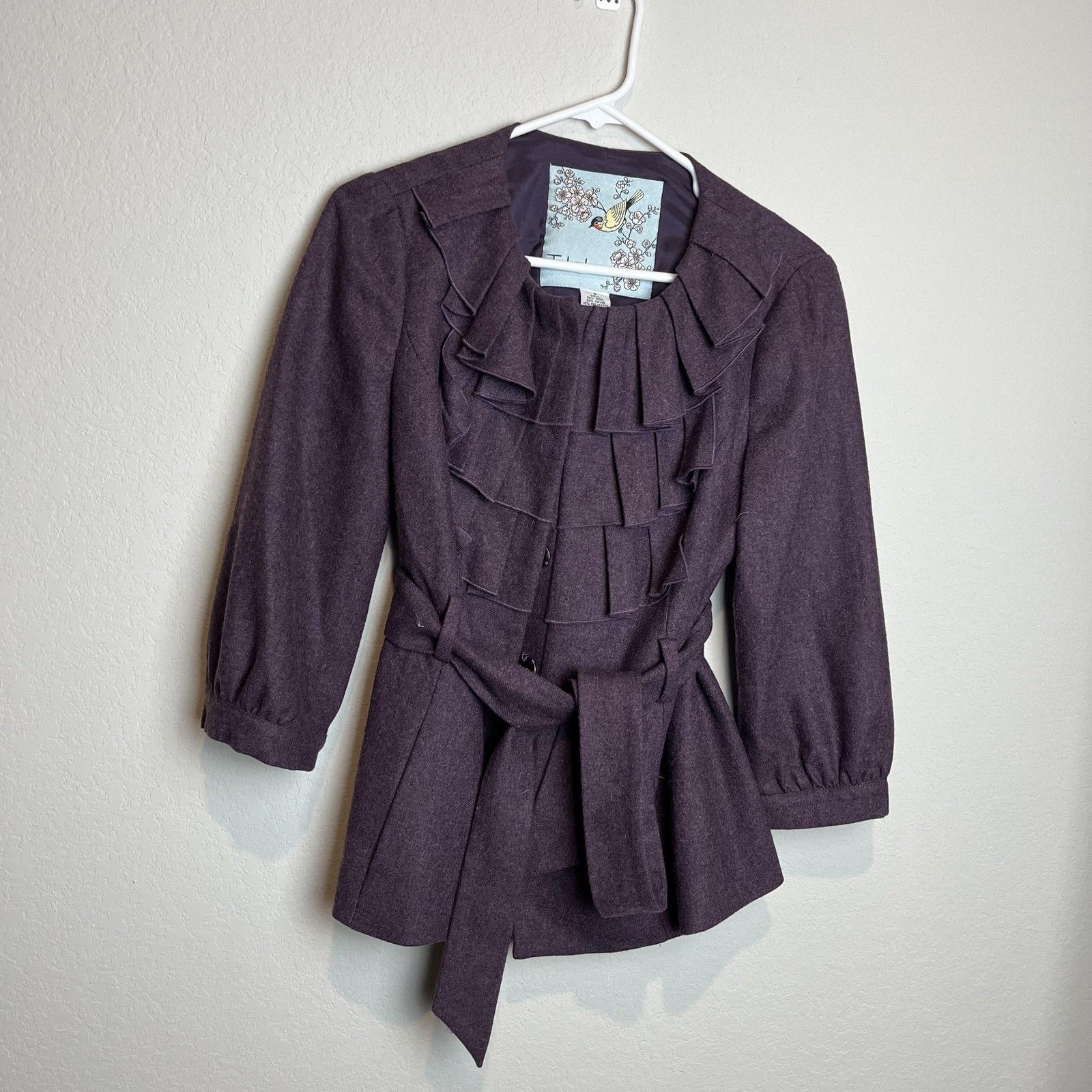 Tabitha Jacket Womens 8 Purple Wool Blend Ruffle Pleated Belted Snap 3/4 Sleeve